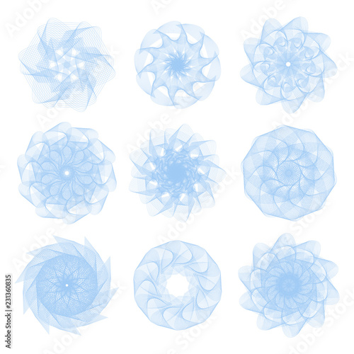 Guilloche. Blue. It can be used as a protective layer for the certificates, diplomas, banknotes. Set.