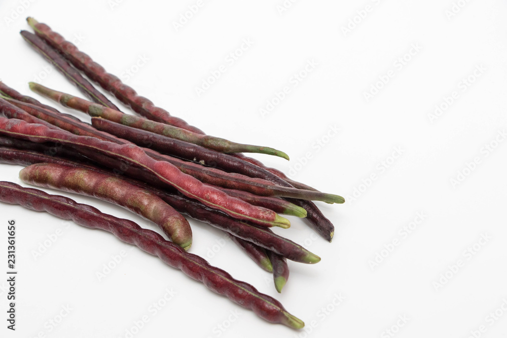 Fresh yardlong red bean on a white background , Vigna unguiculata subsp. Sesquipedalis