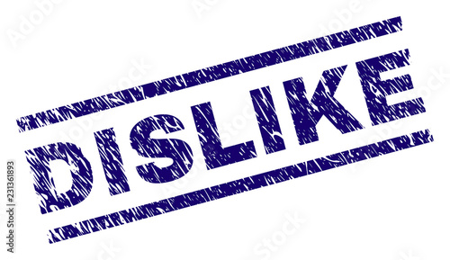 DISLIKE seal print with scratced style. Blue vector rubber print of DISLIKE title with scratched texture. Text title is placed between parallel lines.