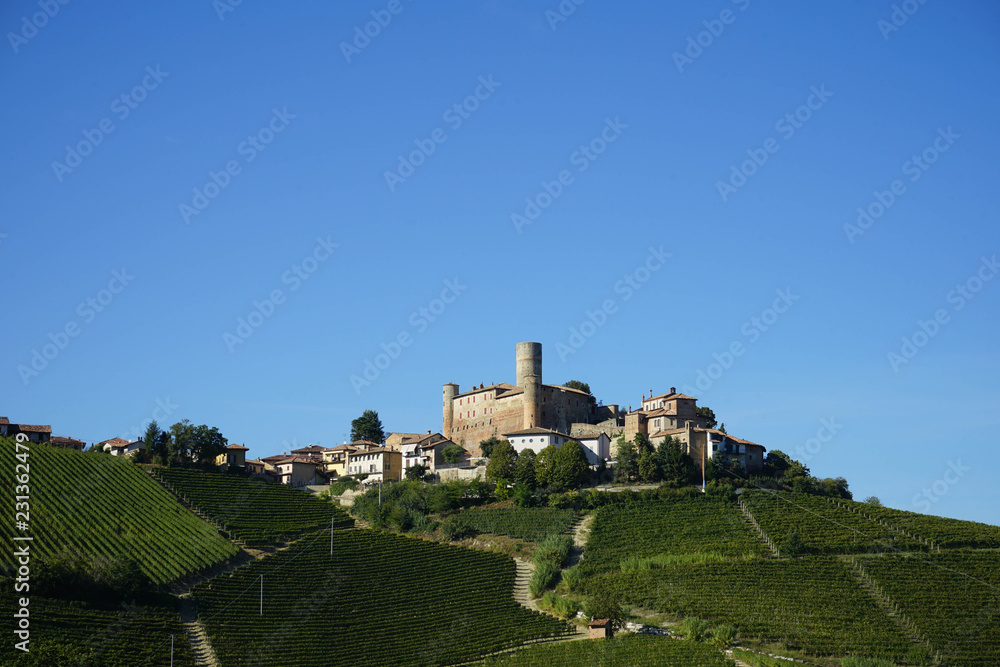 View of the Langhe hills with the village of Castiglion Falletto and his castle, Piedmont - Italy