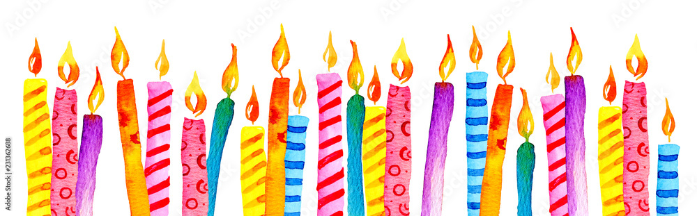 Stylized birthday candles in a row. Hand drawn cartoon watercolor sketch illustration Stylized birthday candles in a row. Hand drawn cartoon watercolor sketch illustration
