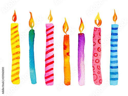 Set of stylized birthday candles. Hand drawn cartoon watercolor sketch illustration