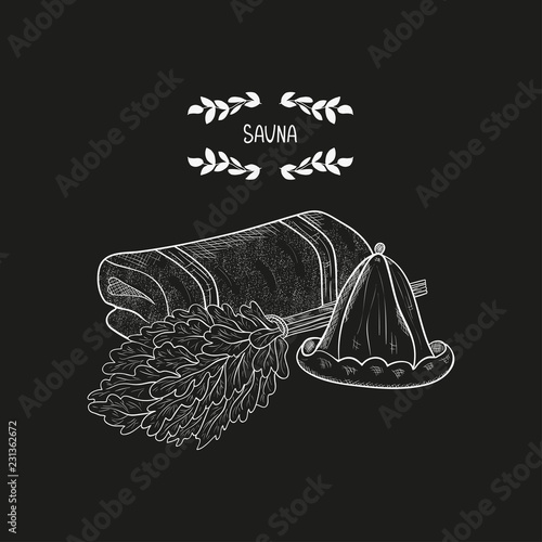 Sauna. Set. Towel, hat, broom. Sketch. White pattern on a black background