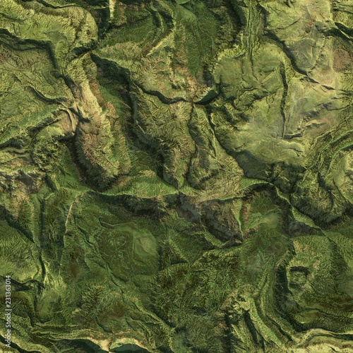 Aerial view from air plane of green nature mountains seamless texture background. 3d illustration