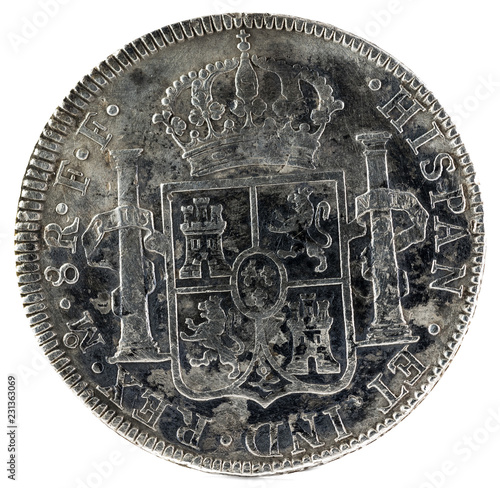 Ancient Spanish silver coin of the King Carlos III. 1779. Coined in Mexico. 8 Reales. Reverse. photo