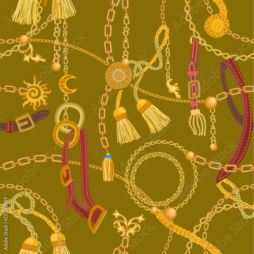 Luxurious print with chains, straps and pendants.