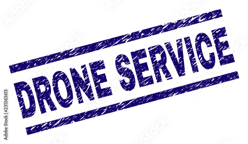 DRONE SERVICE seal print with distress style. Blue vector rubber print of DRONE SERVICE tag with scratched texture. Text title is placed between parallel lines.