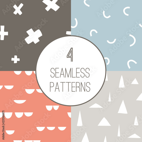 Set with 4 simple minimalistic seamless geometric patterns.  Trendy creative abstract shapes. Hand drawn doodle texture for modern and original textile, fabric, wrapping paper, wall art design
