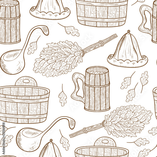 Sauna, bath. Background, wallpaper, seamless. Hat, broom, basin, bucket, mug. Sketch. Monochrome.