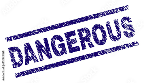 DANGEROUS seal imprint with grunge style. Blue vector rubber print of DANGEROUS caption with grunge texture. Text caption is placed between parallel lines.