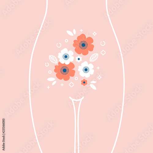 Women health illustration. Stomach with the flower inside. Happy woman. Vector illustration