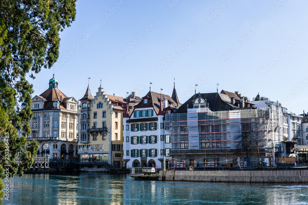Beautiful aerial view Lake Lucerne, city the spring season, boats and ships, travel and vacation to Europe concept, boat club, Luzern, Switzerland