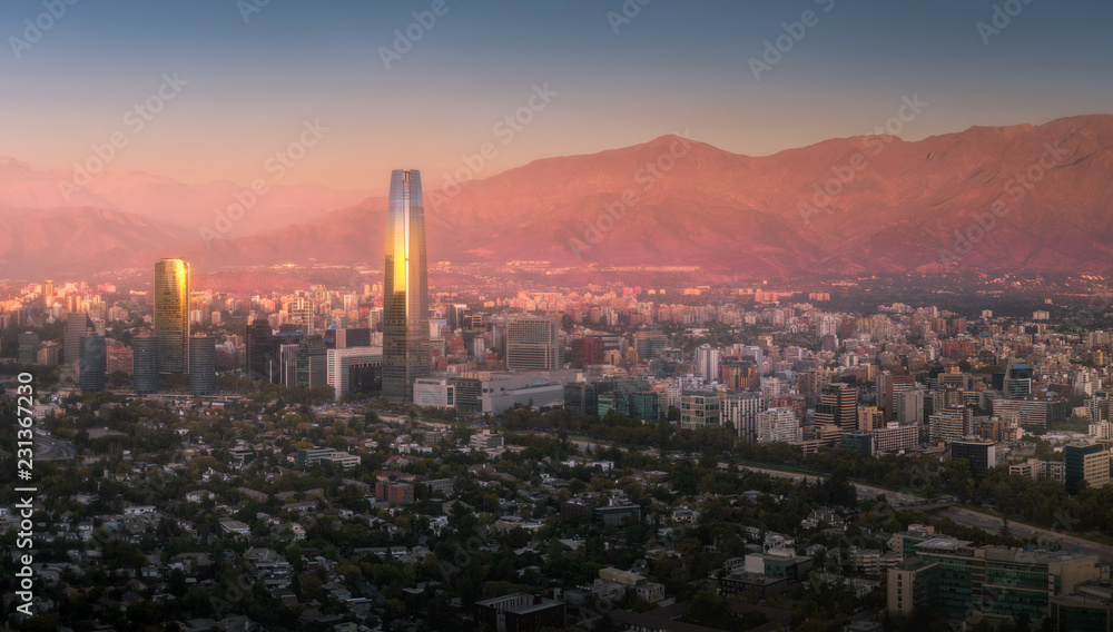 Panorama Skyline of financial district at Providencia in Santiago de Chile with The Andes mountains Range in the background