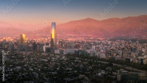 Panorama Skyline of financial district at Providencia in Santiago de Chile with The Andes mountains Range in the background