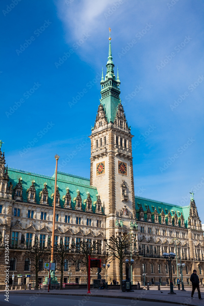 Hamburg City Hall building located in the Altstadt quarter in the city center at the Rathausmarkt square in a beautiful early spring day