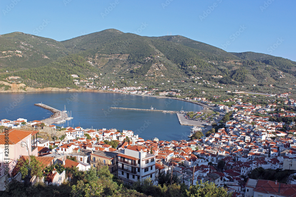 Skopelos island town port harbor view landscape overview