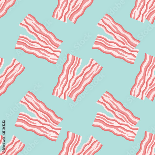 Seamless pattern with bacon strips on teal background. Vector texture.