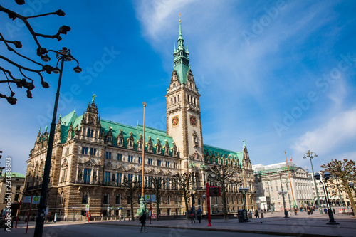 Hamburg City Hall building located in the Altstadt quarter in the city center at the Rathausmarkt square in a beautiful early spring day