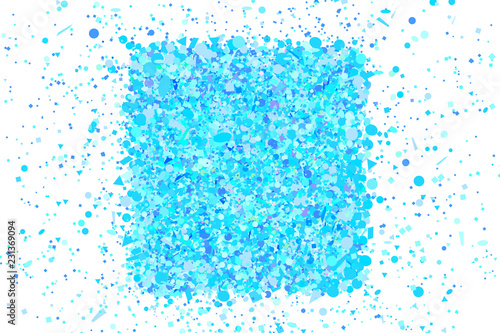 Square complicated shape. Geometric backdrop with confetti on isolated white. Background with multicolored glitters. Pattern for design. Print for posters, banners and textiles