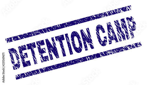 DETENTION CAMP seal watermark with grunge style. Blue vector rubber print of DETENTION CAMP title with scratched texture. Text title is placed between parallel lines.