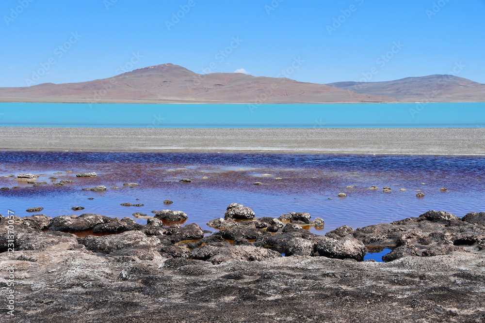 Lakes of Tibet. Lake of Sam Co in summer in sunny weather Lakes of Tibet. Lake of Sam Co in summer in sunny weather