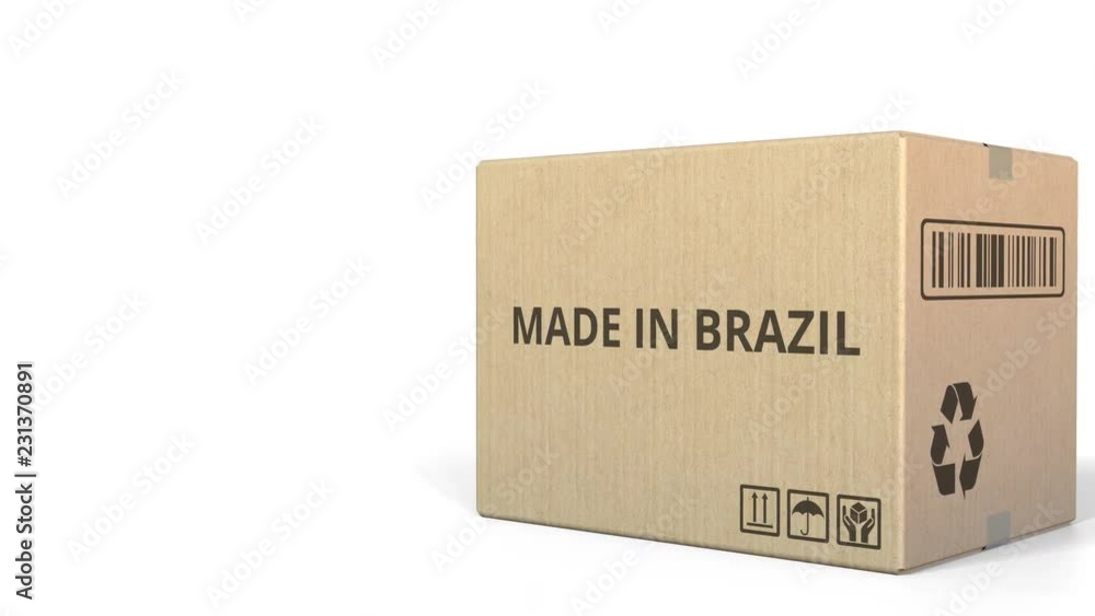 MADE IN BRAZIL text on a warehouse carton. 3D animation MADE IN BRAZIL text on a warehouse carton. 3D animation
