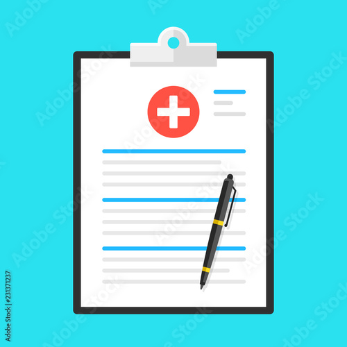 Medical form, health insurance. Medical clipboard with pen. Flat design. Vector illustration