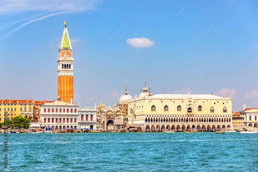The Venetian Lagoon with the main sights such as Doge's Palace and Piazza San Marco, view from the sea