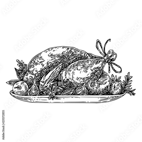 Roasted turkey on platter with fruits. Sketch. Engraving style. Vector illustration.