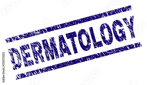 DERMATOLOGY seal watermark with distress style. Blue vector rubber print of DERMATOLOGY title with dirty texture. Text title is placed between parallel lines.