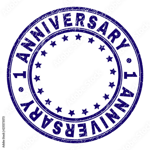 1 ANNIVERSARY stamp seal imprint with grunge texture. Designed with circles and stars. Blue vector rubber print of 1 ANNIVERSARY title with grunge texture.