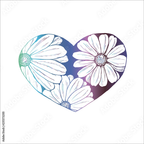 Neon illustration of a bouquet of chamomiles in the heart. Everything is love