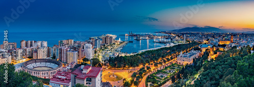 Papier peint Night aerial panorama of Malaga, Spain with skyscrapers, streets, port, city hal