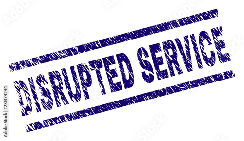 DISRUPTED SERVICE seal print with scratced style. Blue vector rubber print of DISRUPTED SERVICE caption with unclean texture. Text caption is placed between parallel lines.