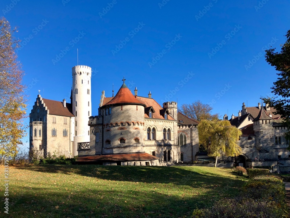 Lichtenstein Castle (Burg Lichtenstein) over the Swabian Alb on a great autumn day