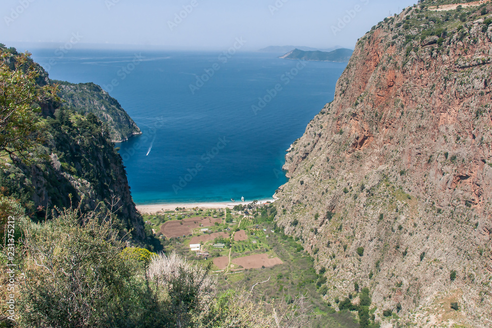 beautiful bay in mountain landscape with sea view, valley of butterflies, Turkey