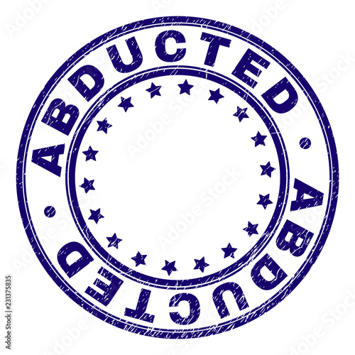 ABDUCTED stamp seal imprint with grunge texture. Designed with circles and stars. Blue vector rubber print of ABDUCTED title with grunge texture.
