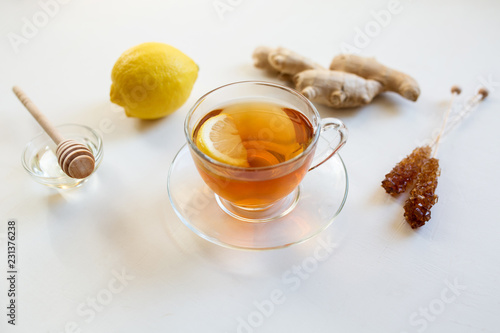 Treatment of cold and viruses. Be healthy. Tea with lemon and cane sugar. Honey and ginger. 