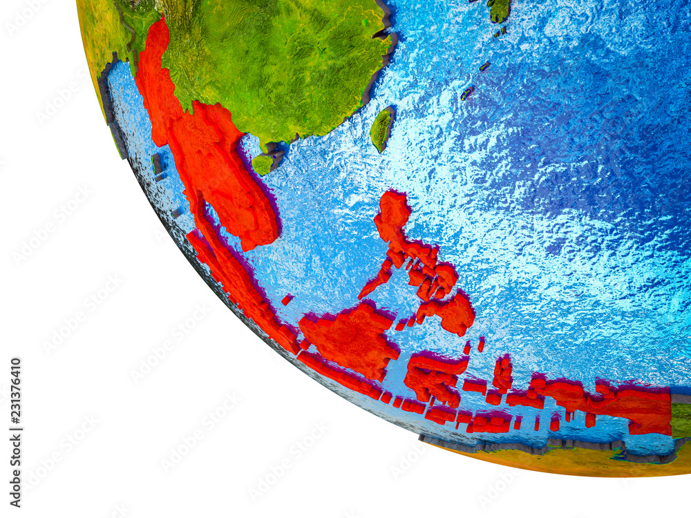 South East Asia on model of Earth with country borders and blue oceans with waves. South East Asia on model of Earth with country borders and blue oceans with waves.