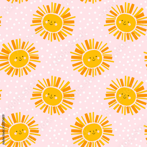 Cute sun pattern. Girl sky vector seamless background in yellow and pink. Summer weather. Retro design for kids.