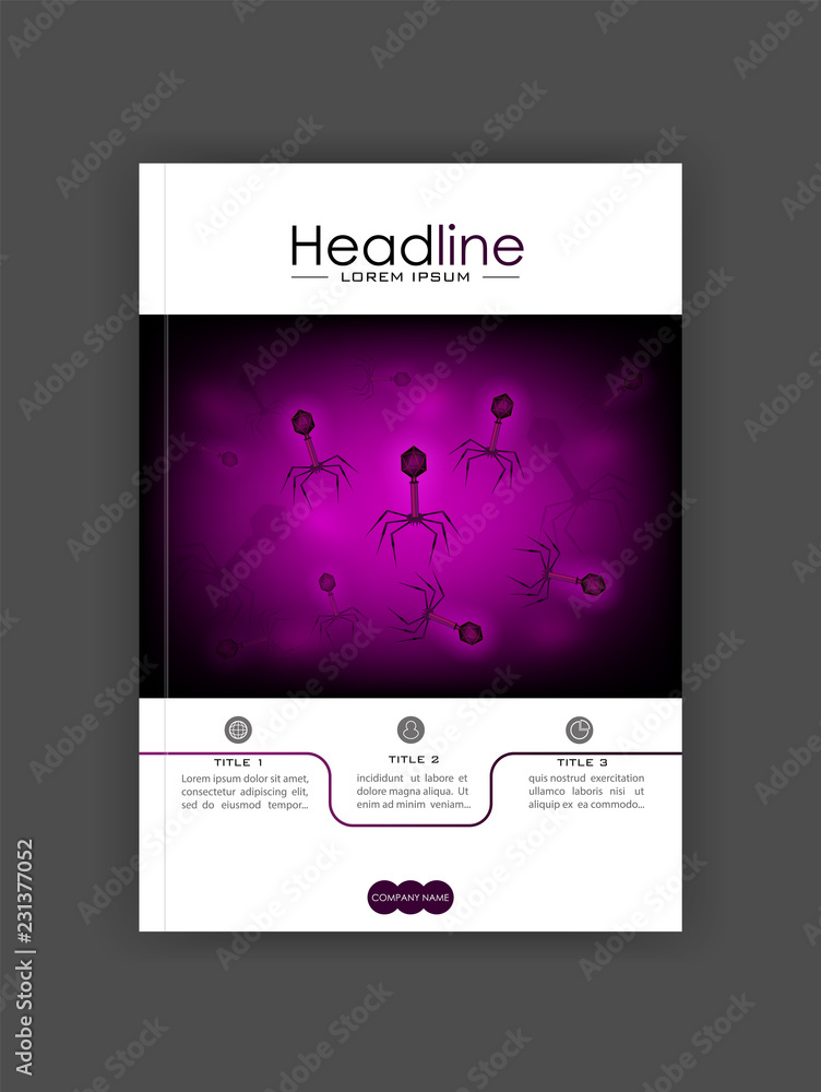 Medical book cover design A4. Annual report with bacteriophage cell culture background in velvet with spikes, dna, tail. Bacteria, virus. Microbiological 3d realistic scientific vector