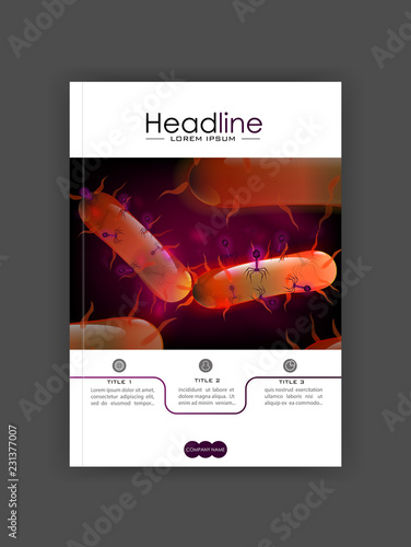 Orange 3d bacteria cell culture with flagellums. Bacteriophage attacking cell culture. Bacteria, virus. Cover design A4 for books, journals, conferences, medical reports, banners. Vector