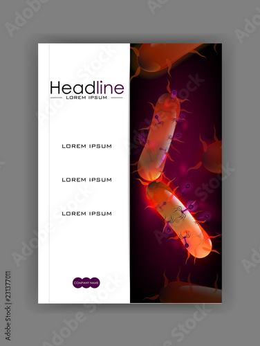 Orange 3d bacteria cell culture with flagellums. Bacteriophage attacking cell culture. Bacteria, virus. Cover design A4 for books, journals, conferences, medical reports, banners. Vector