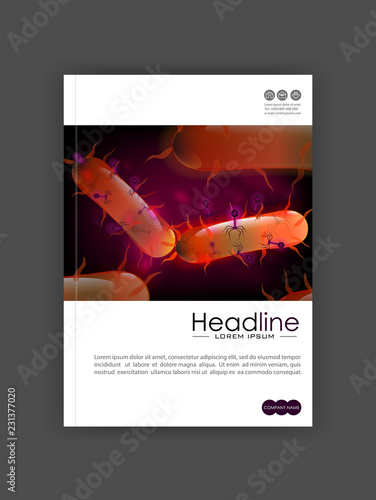 Orange 3d bacteria cell culture with flagellums. Bacteriophage attacking cell culture. Bacteria, virus. Cover design A4 for books, journals, conferences, medical reports, banners. Vector