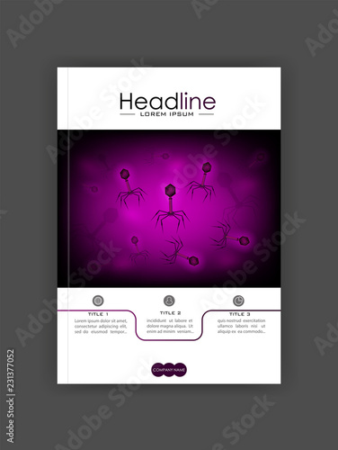 Medical book cover design A4. Annual report with bacteriophage cell culture background in velvet with spikes, dna, tail. Bacteria, virus. Microbiological 3d realistic scientific vector