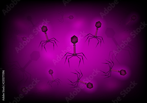 Bacteriophage cell culture background in velvet with spikes, dna, tail. Bacteria, virus. Microbiological 3d realistic scientific vector
