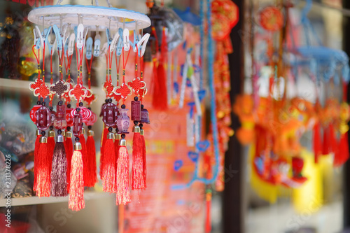 Canvas Print Beautiful red chinese lanterns and decorations in Chinatown, New York City