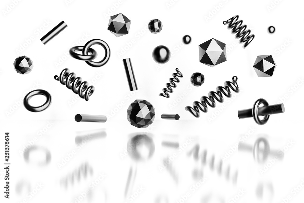 Shiny black poligonal primitives with metallic texture flying over the white reflective surface. 3d illustration. Shiny black poligonal primitives with metallic texture flying over the white reflective surface. 3d illustration.