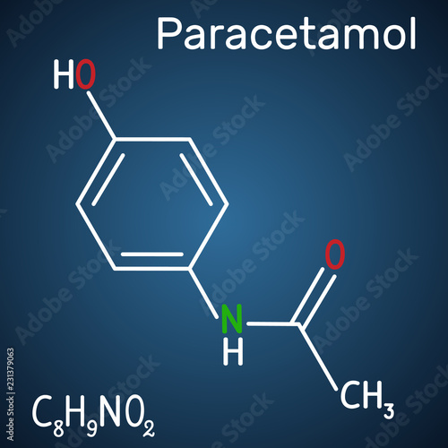 Paracetamol (acetaminophen) drug molecule. Structural chemical formula and molecule model on the dark blue background