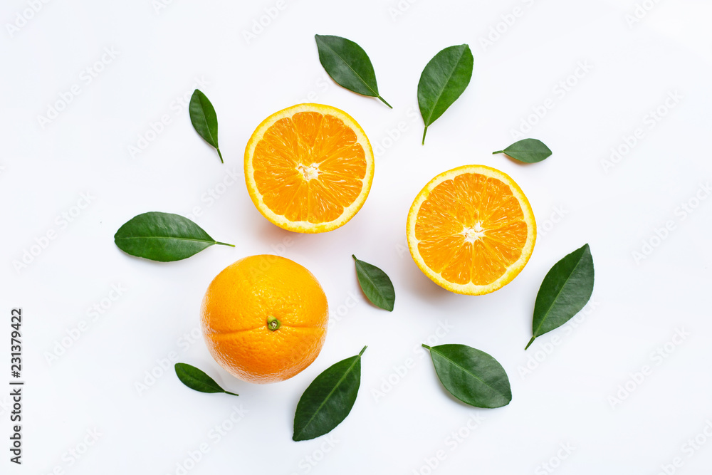 Top view of orange fruits and leaves isolated on white background. Top view of orange fruits and leaves isolated on white background.
